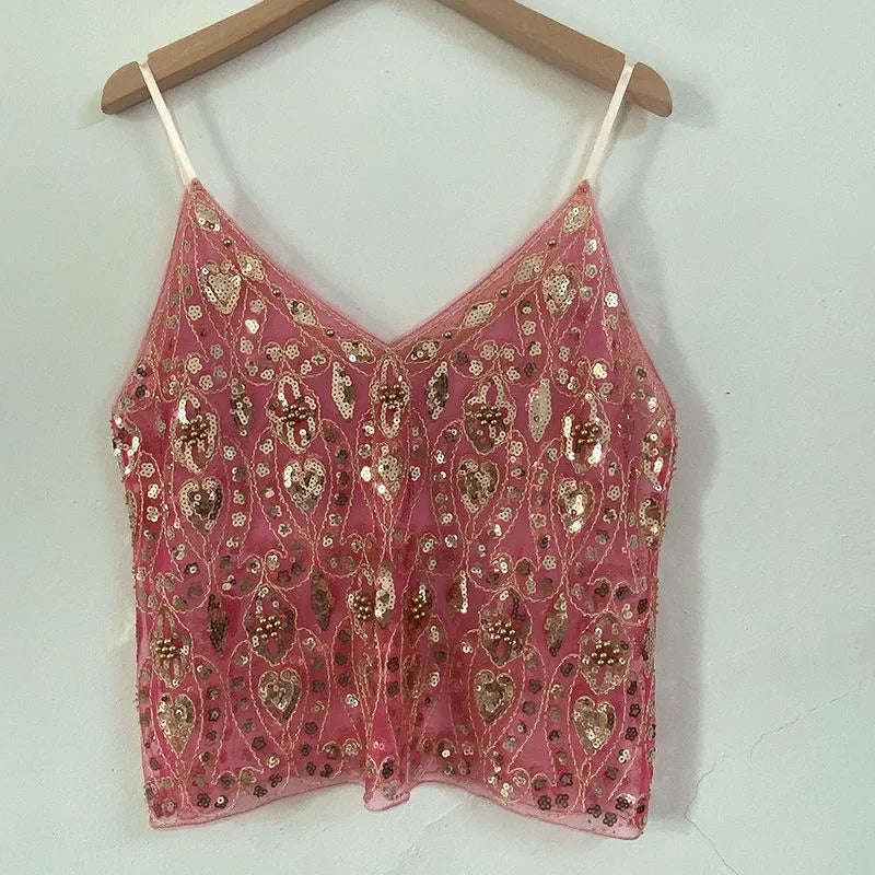 Feminino com decote em v sem mangas regata sexy magro topo verão pesado industrial lantejoulas cravejadas lantejoulas curto solto camisola topo