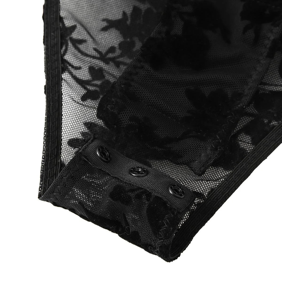 Sexy feminino preto floral reunindo malha pura mock neck manga longa bodysuit