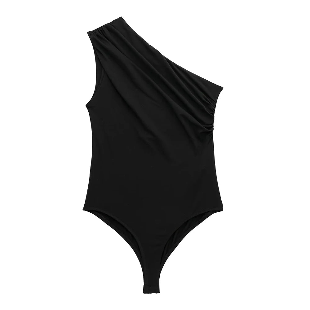 TRZA – Body assimétrico franzido feminino, um ombro, alças largas, botão de pressão, playsuits femininos, moda sexy