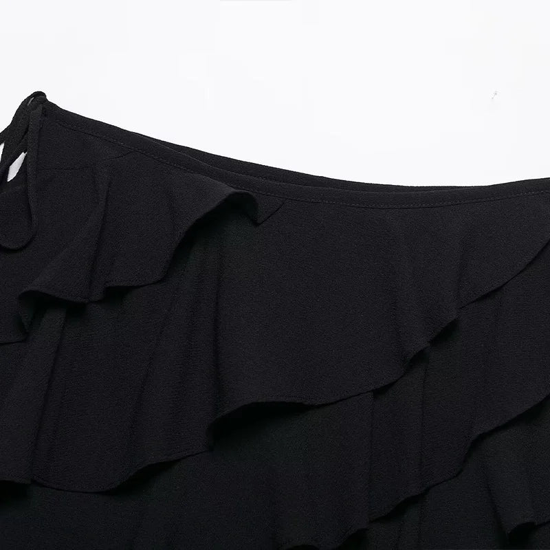 Willshela moda feminina 2 peça conjunto preto babados rendas até colete com decote em v & saias com zíper lateral do vintage shorts feminino chique conjunto