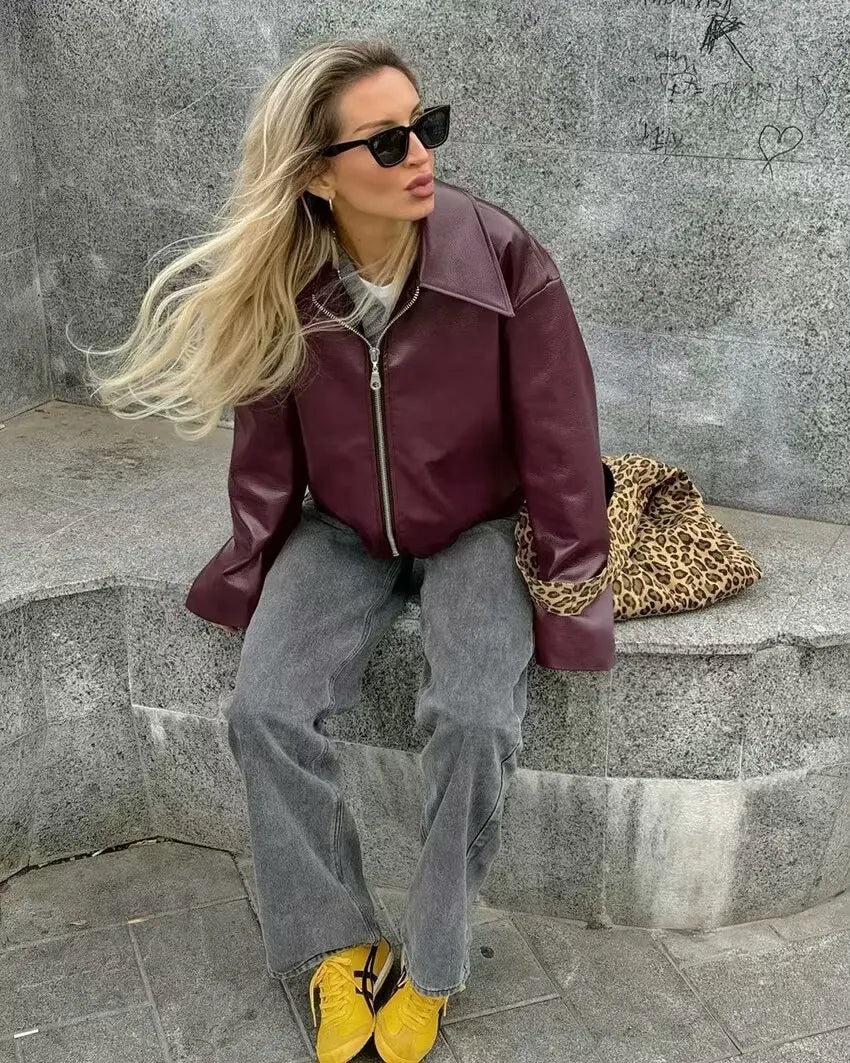 Trafza vinho vermelho couro falso jakcet moda outerwear engrossar zíper lapela casacos do plutônio outono inverno streetwear senhoras topos feminino
