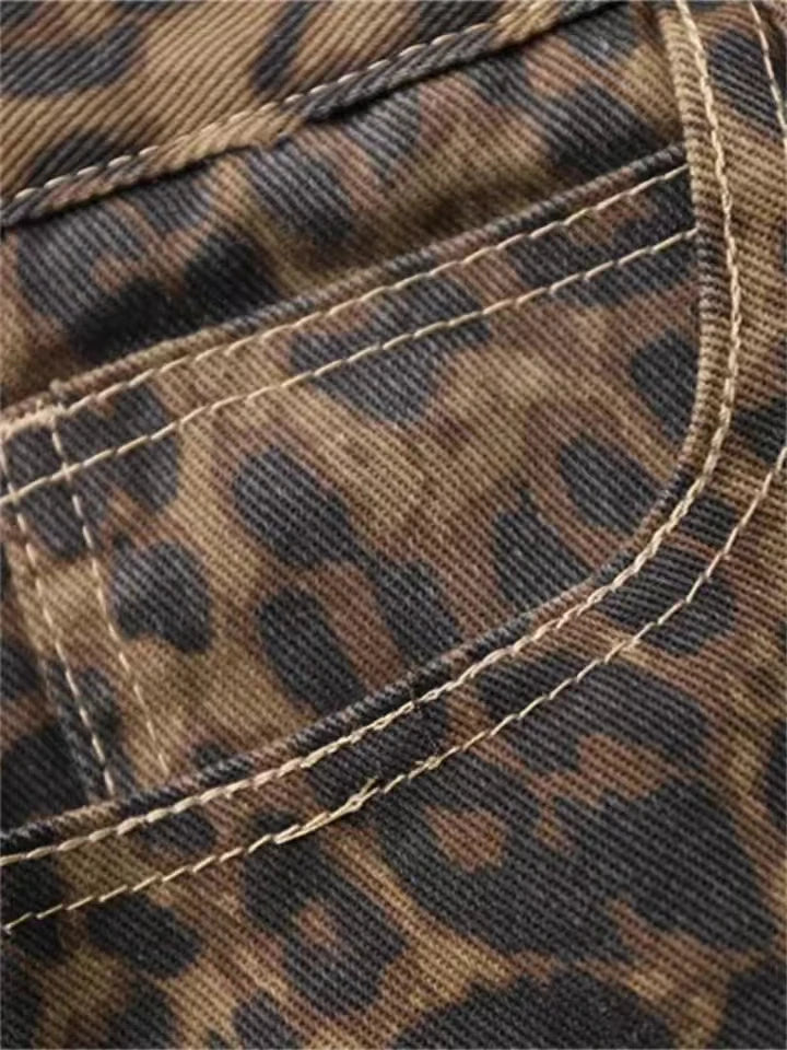Tan leopardo jeans feminino calças jeans feminino oversize perna larga streetwear hip hop roupas vintage solto casual