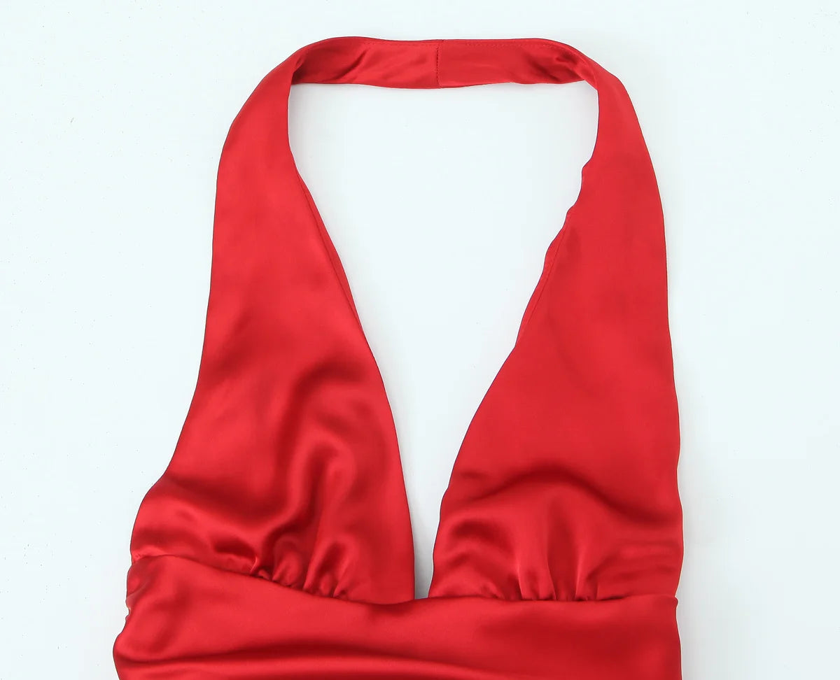 Traf robe y2k cetim fino extremo curto vestido de festa feminino 2025 primavera arco amarrado sem mangas sem costas magro uma linha mini vestido vermelho