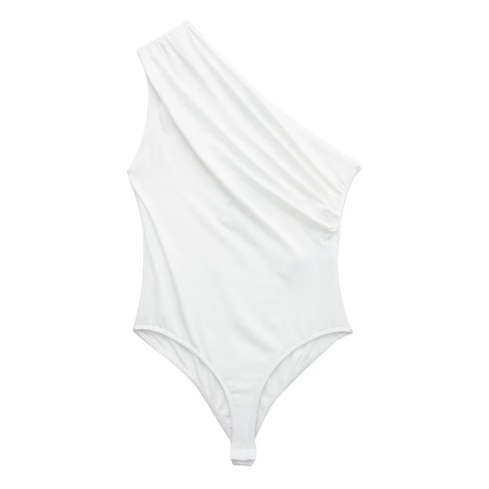 TRZA – Body assimétrico franzido feminino, um ombro, alças largas, botão de pressão, playsuits femininos, moda sexy