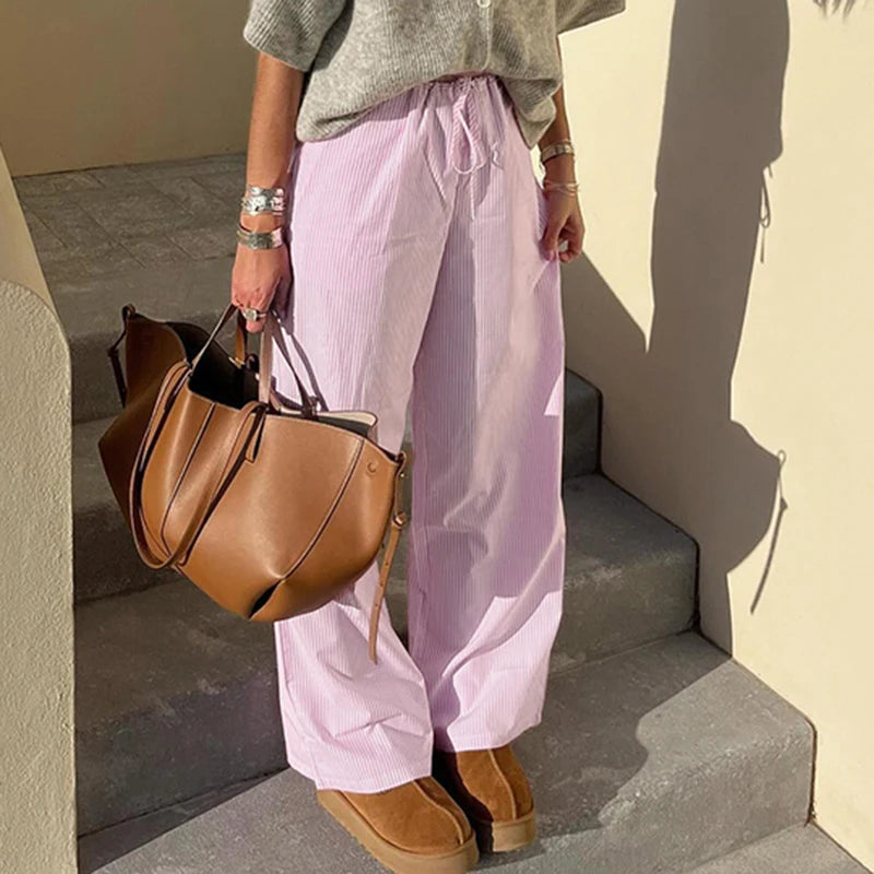 Cuteandpsycho streetwear listrado impressão calças soltas rendas corredores moda y2k calças largas básico estética 90s bonito bottoms