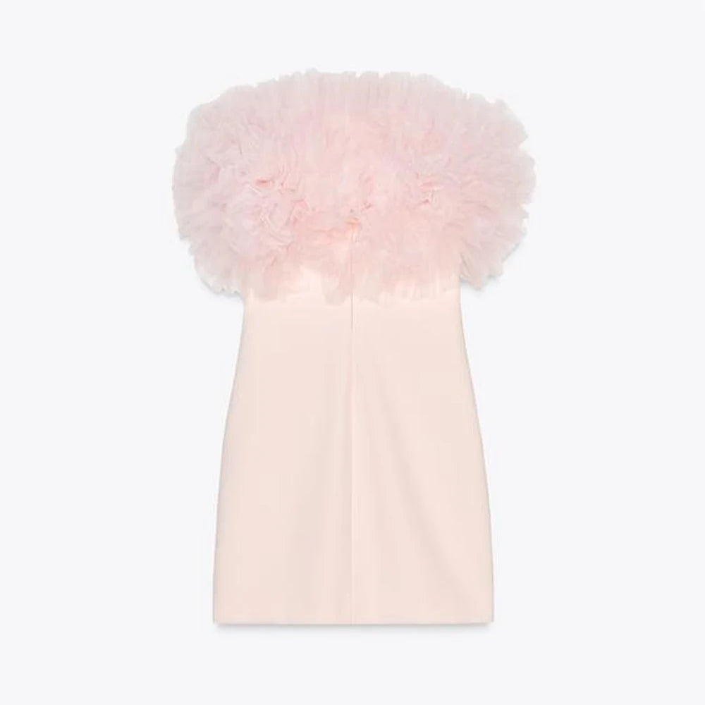 UNIZERA vestido feminino fofo de malha de seda sem alças com mini vestido decoração para primavera e verão novas roupas femininas