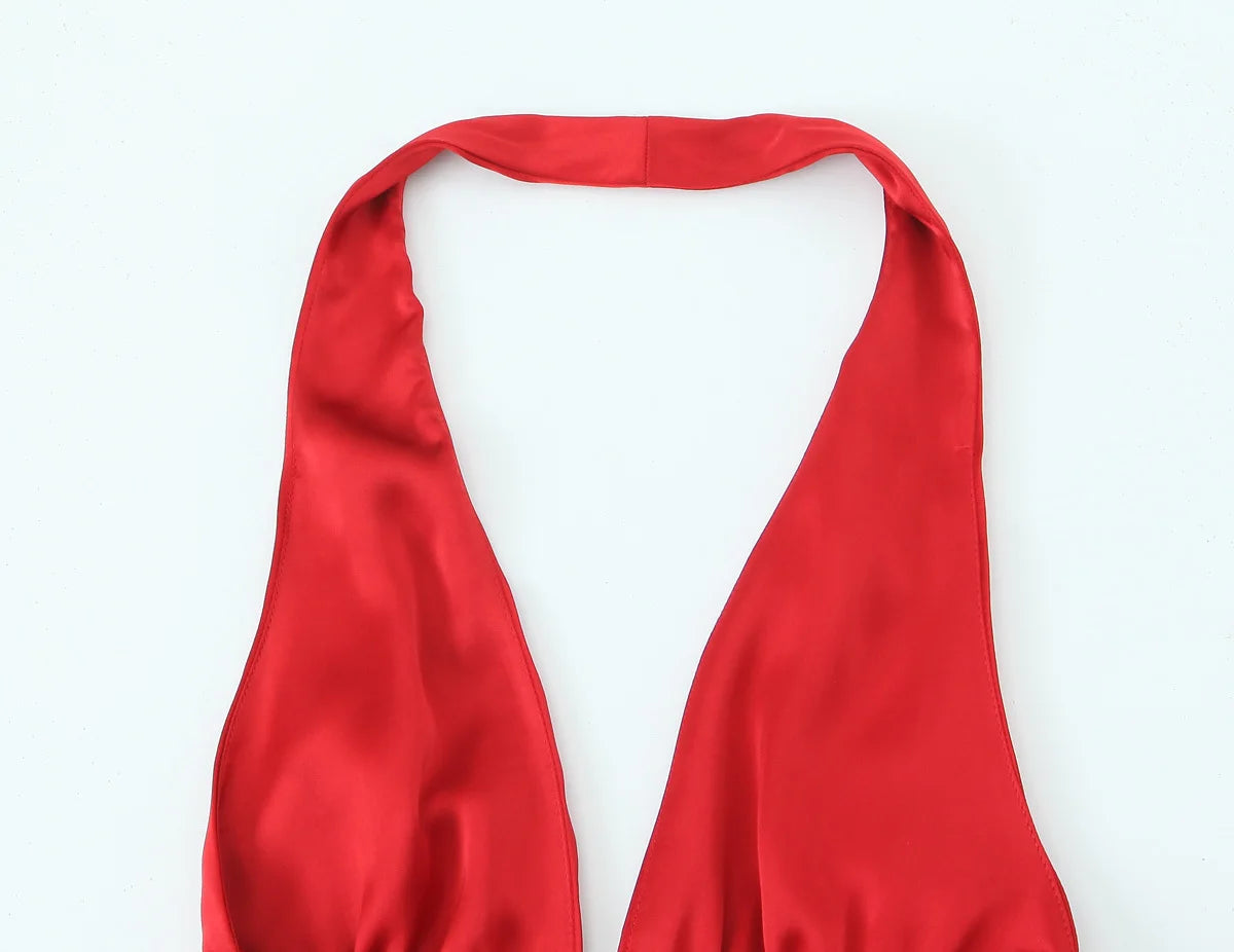 Traf robe y2k cetim fino extremo curto vestido de festa feminino 2025 primavera arco amarrado sem mangas sem costas magro uma linha mini vestido vermelho