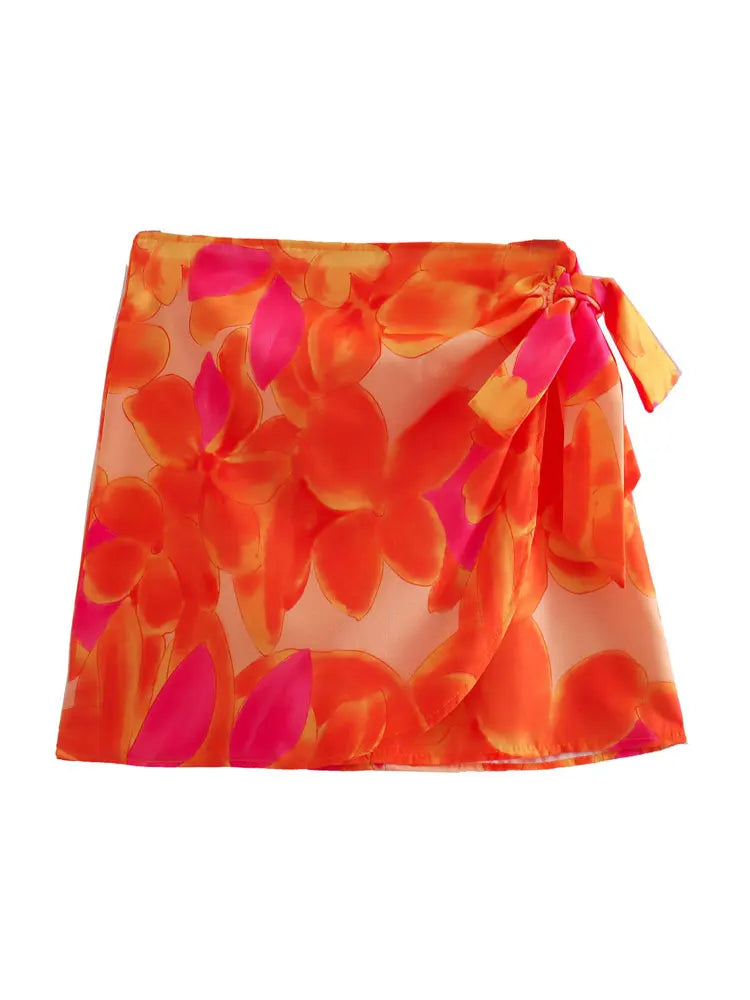 Trza moda feminina frente ganchos de metal impresso bustier topos e cintura alta com arco amarrado mini saia feminina conjuntos de duas peças mujer