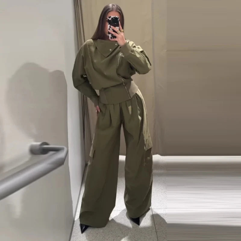 Calças de carga ternos femininos high street vintage solto lapela mangas compridas define feminino 2025 primavera nova moda conjuntos com zíper 2 peças