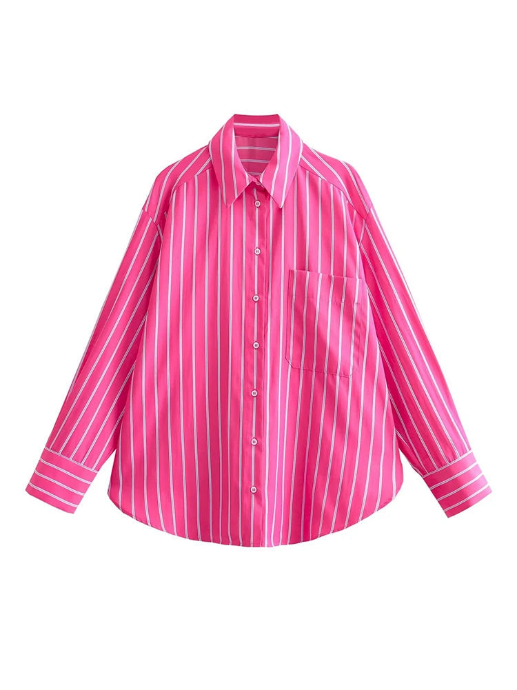 TRAF Camisa de verão Feminina com Lapela Reta e Peito Único Camisa Solta Moda Popular Decoração de Riscas Bolso Camisa Solta Fina