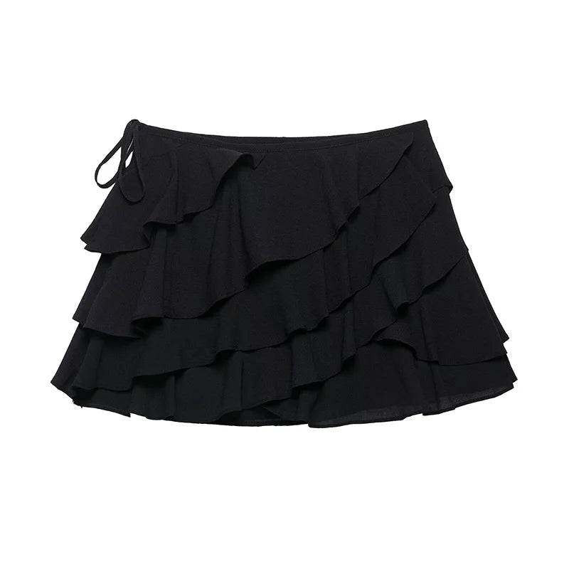 Willshela moda feminina 2 peça conjunto preto babados rendas até colete com decote em v & saias com zíper lateral do vintage shorts feminino chique conjunto