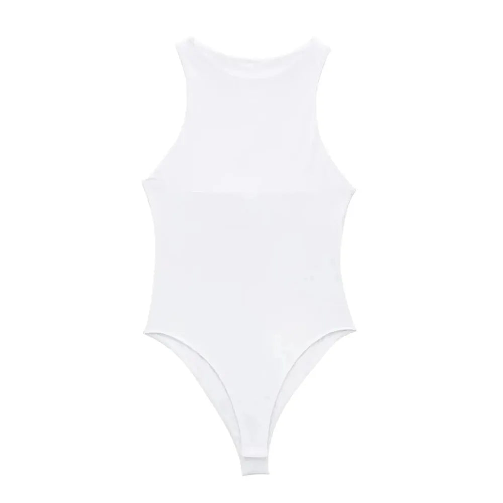 Trza moda feminina com halter pescoço magro bodysuit sexy sem mangas snap-botão feminino playsuits mujer