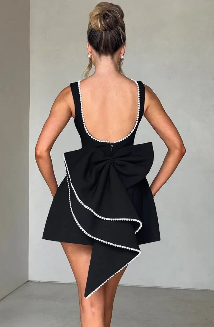Elegante pérola arco sem costas vestido curto feminino o pescoço mini vestidos de noite preto branco rosa chique verão novo casamento convidado 2025