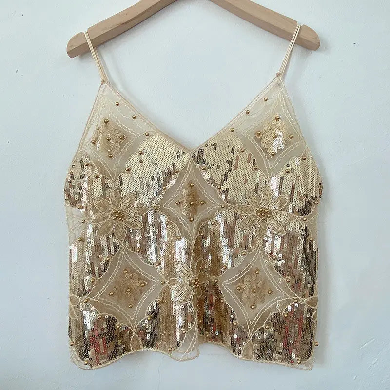 Feminino com decote em v sem mangas regata sexy magro topo verão pesado industrial lantejoulas cravejadas lantejoulas curto solto camisola topo