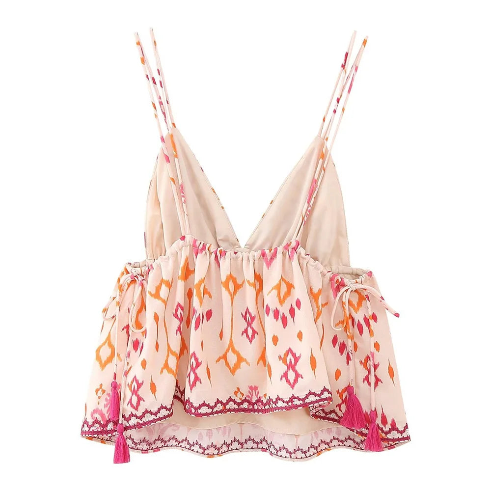 Unizera outono nova moda feminina versátil sexy com decote em v sem mangas bordado frisado impressão curto topo