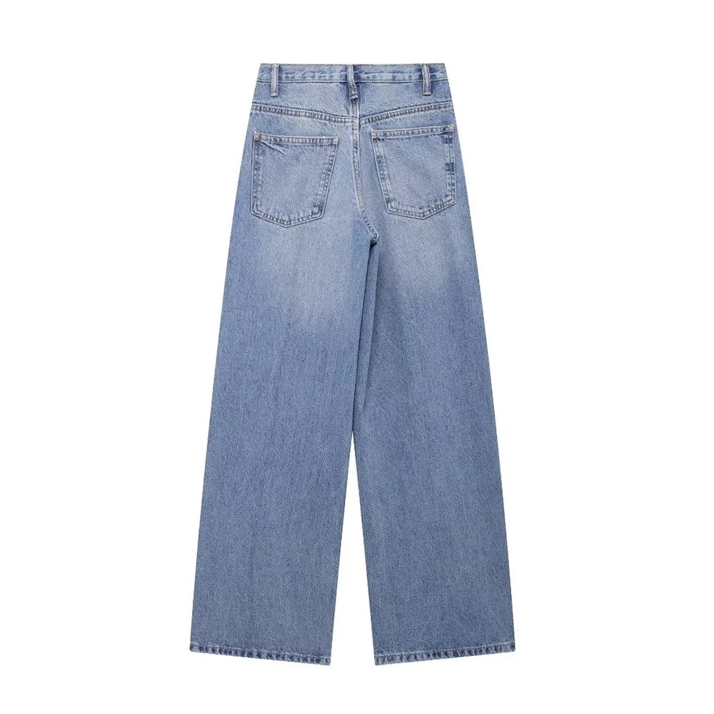 TRAF Calças de ganga básicas para mulher New Fashion Asymmetric Design High Waist Wide Leg Trousers Calças de ganga casuais de perna direita para mulher