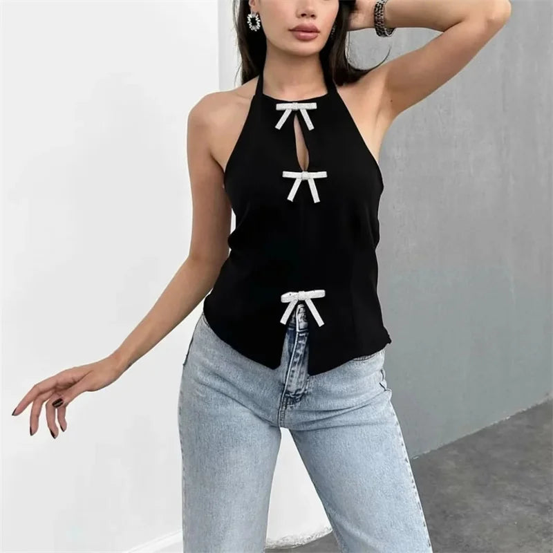 Muyer arco strass colheita topo feminino cortar preto branco sem mangas sem costas topo feminino fora do ombro sexy topos mulher verão