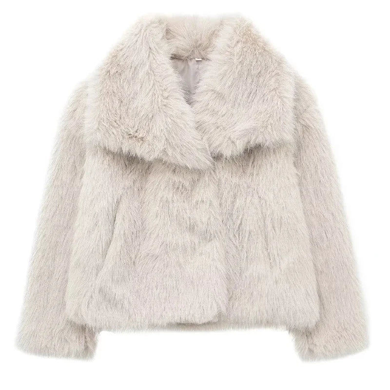 Traf 2024 mulher outono inverno casaco de pele do falso pelúcia fofo jaqueta feminina novo em outerwears branco vermelho cinza preto lã misturas casacos