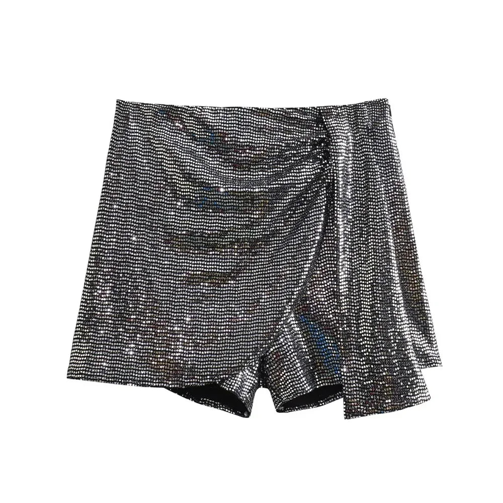 TRZA – Saias femininas com lantejoulas e nó, cintura alta, zíper lateral, saia curta feminina, moda