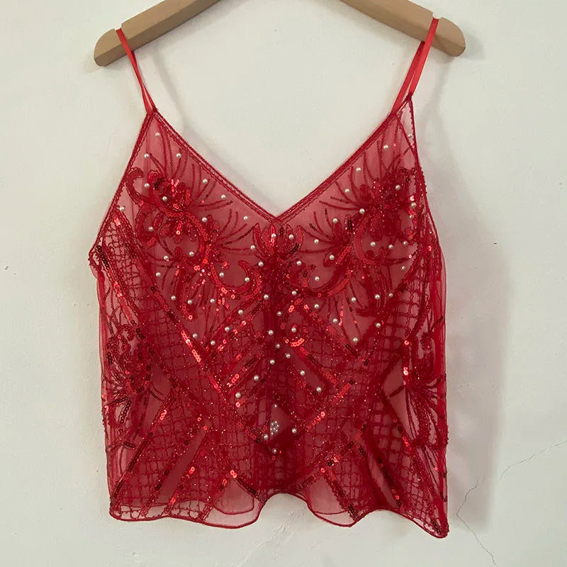 Feminino com decote em v sem mangas regata sexy magro topo verão pesado industrial lantejoulas cravejadas lantejoulas curto solto camisola topo