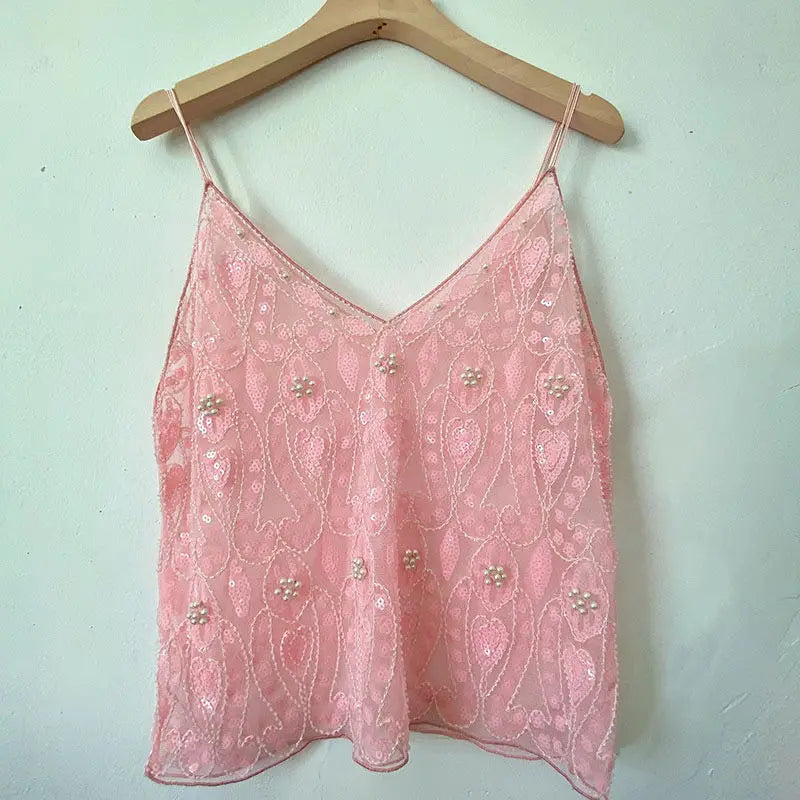 Feminino com decote em v sem mangas regata sexy magro topo verão pesado industrial lantejoulas cravejadas lantejoulas curto solto camisola topo