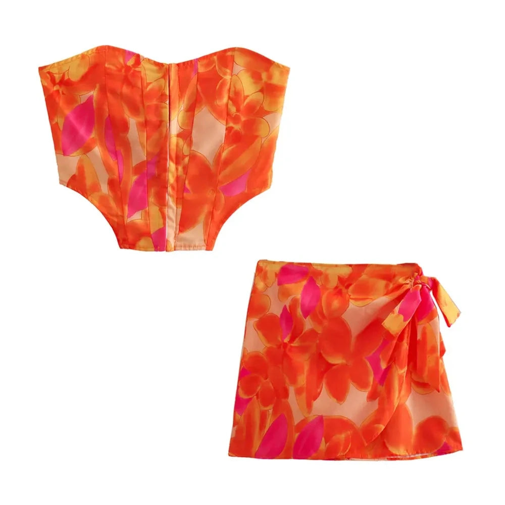 Trza moda feminina frente ganchos de metal impresso bustier topos e cintura alta com arco amarrado mini saia feminina conjuntos de duas peças mujer