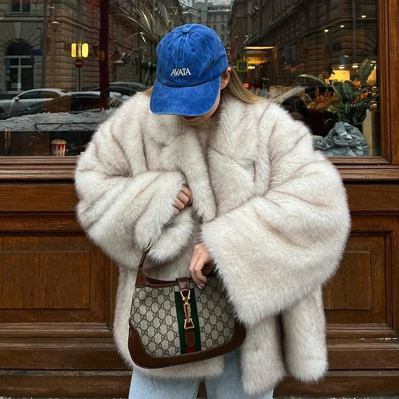 Neo mint 2024 inverno ins moda quente meninas oversized gradiente casaco de pele feminino grosso quente outerwear fofo falso pele de raposa jaqueta