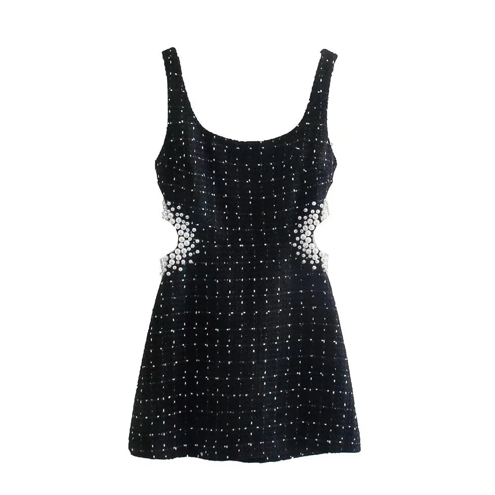 Willshela moda feminina com pérolas preto oco para fora zíper mini vestido alças vintage pescoço quadrado feminino chique senhora vestidos