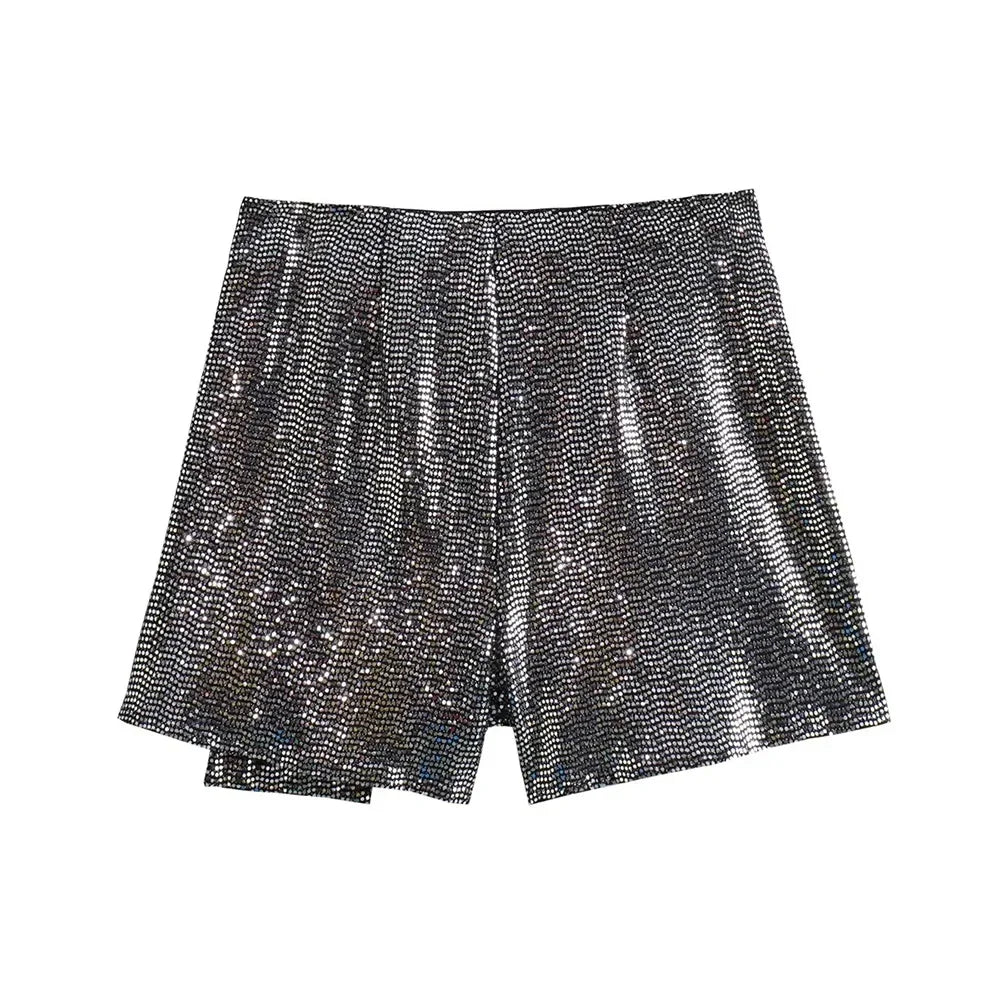 TRZA – Saias femininas com lantejoulas e nó, cintura alta, zíper lateral, saia curta feminina, moda