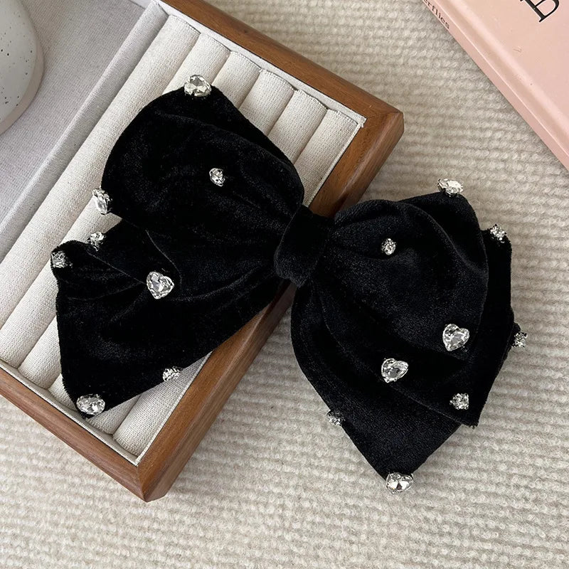 Luxo arco amor strass grampos de cabelo moda veludo preto grandes grampos de cabelo para mulheres meninas doce temperamento presilhas cocar