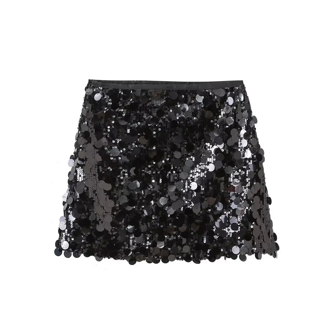 Willshela moda feminina com lantejoulas sólido zíper lateral mini saia vintage cintura alta feminino chique senhora saias