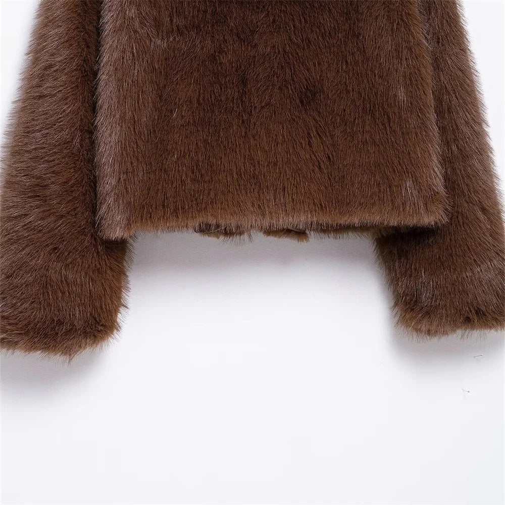 Uniza casaco curto de pele solta de cor sólida outono e inverno novo item lapela manga comprida casaco quente para mulheres