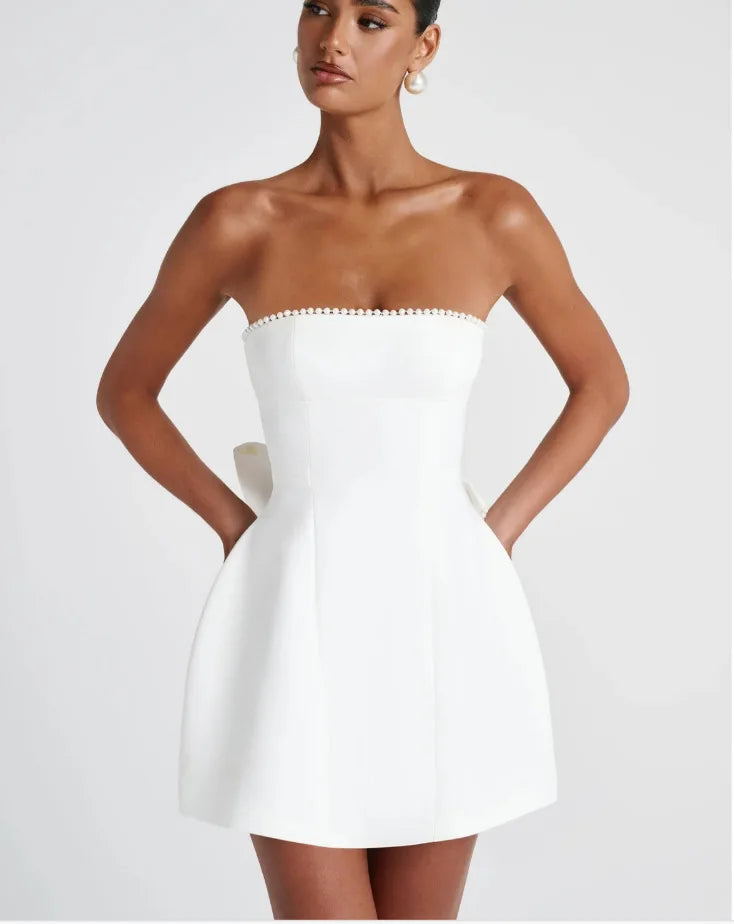 Elegante pérola arco sem costas vestido curto feminino o pescoço mini vestidos de noite preto branco rosa chique verão novo casamento convidado 2025