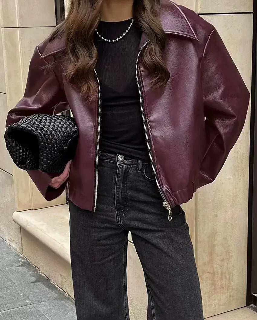 Trafza vinho vermelho couro falso jakcet moda outerwear engrossar zíper lapela casacos do plutônio outono inverno streetwear senhoras topos feminino
