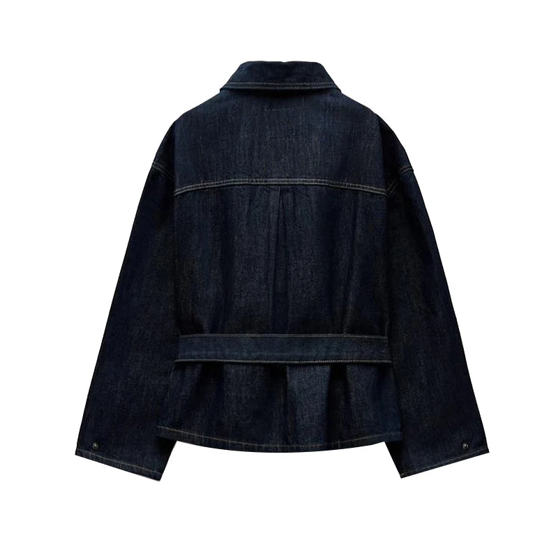 Vintage emendado denim jaqueta calças definir cinto feminino único breasted jaquetas bolsos jeans retos 2025 primavera senhora rua outfit