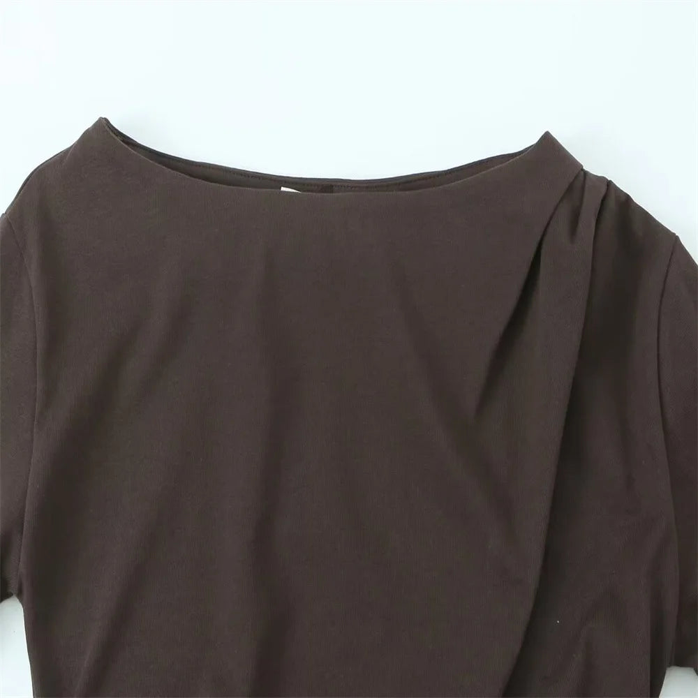 BM&MD&ZA Camiseta feminina bege de manga comprida com ombro de fora, design assimétrico franzido para uso elegante e confortável