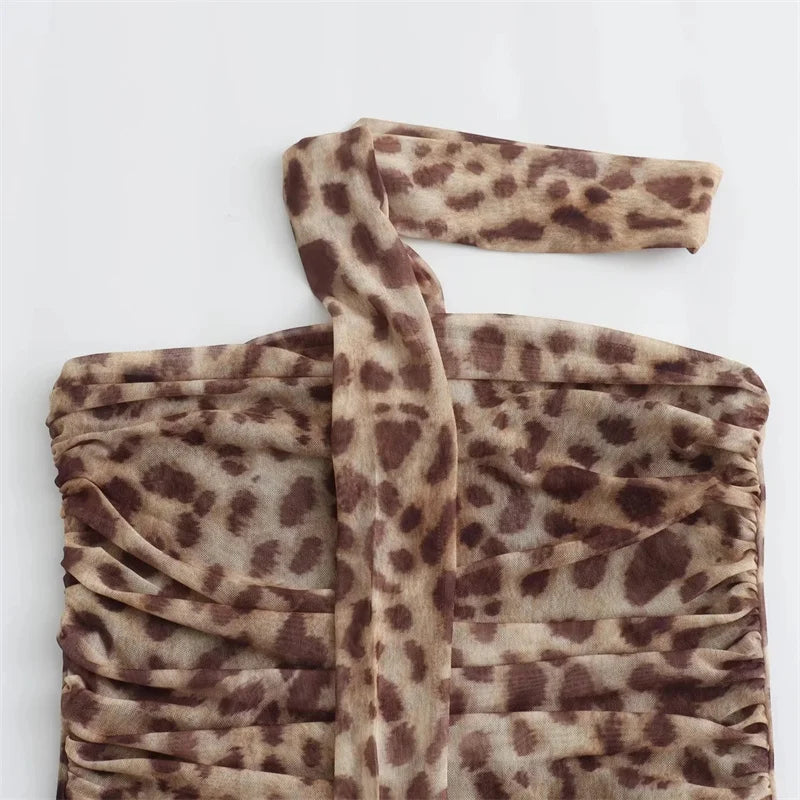 Muyer 2025 tule colheita topo feminino leopardo impressão ruched tubo topos para mulher sexy sem costas halter topo feminino fora do ombro verão topo