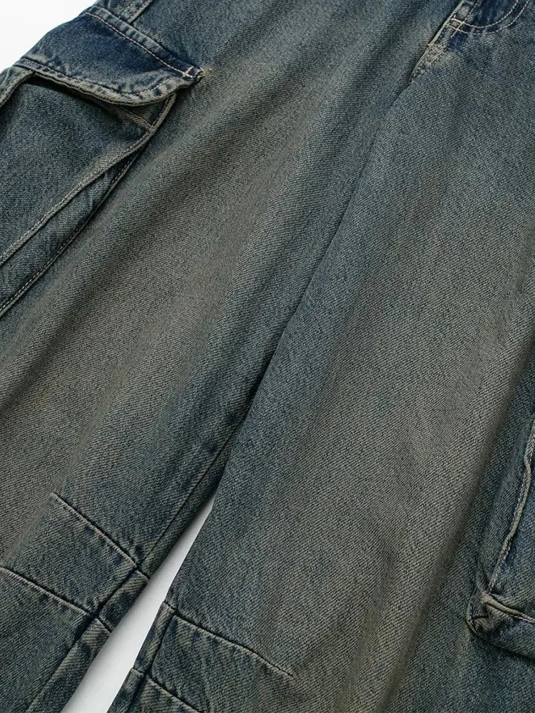 2023 primavera outono mulher bolso workwear denim carga calças compridas moda meados de cintura vintage casual rua calças soltas
