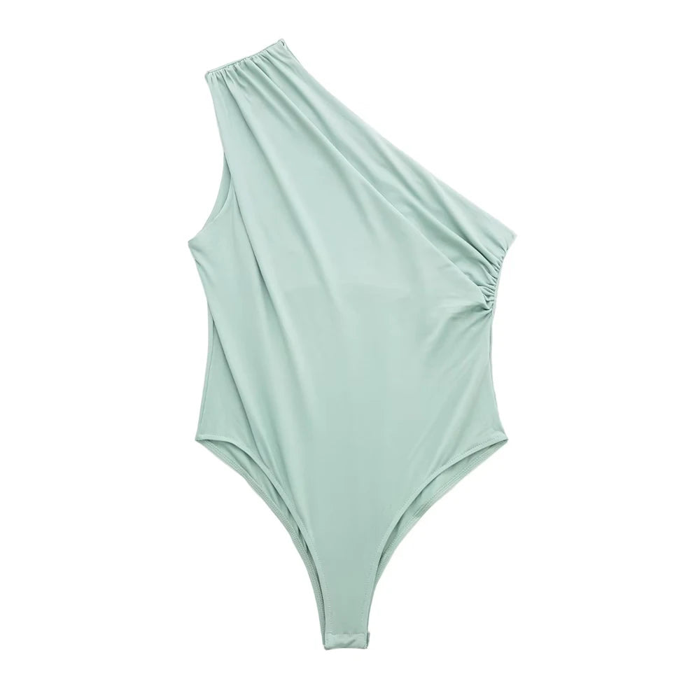 TRZA – Body assimétrico franzido feminino, um ombro, alças largas, botão de pressão, playsuits femininos, moda sexy