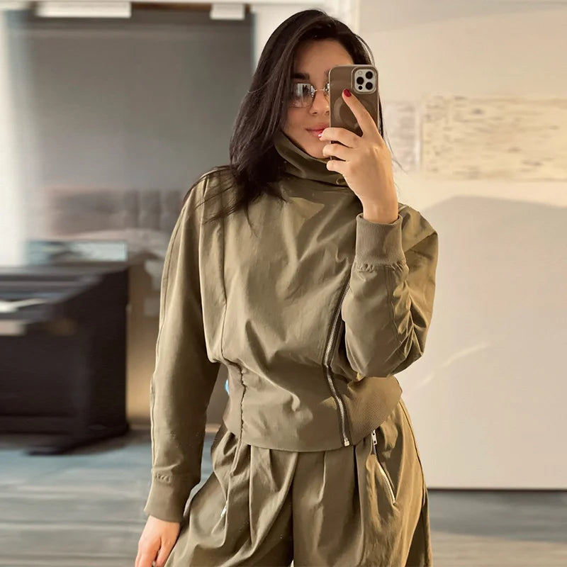 Calças de carga ternos femininos high street vintage solto lapela mangas compridas define feminino 2025 primavera nova moda conjuntos com zíper 2 peças