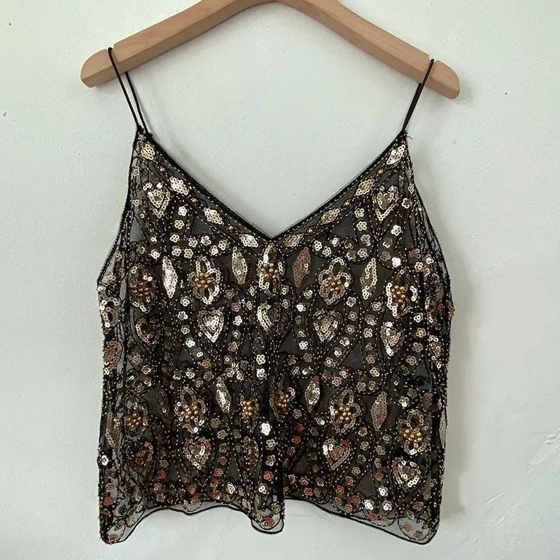 Feminino com decote em v sem mangas regata sexy magro topo verão pesado industrial lantejoulas cravejadas lantejoulas curto solto camisola topo