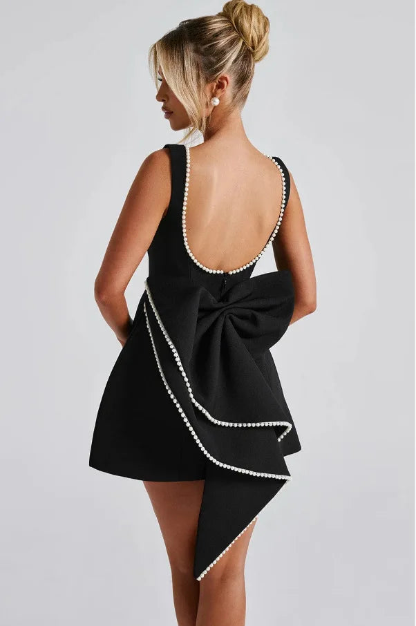 Elegante pérola arco sem costas vestido curto feminino o pescoço mini vestidos de noite preto branco rosa chique verão novo casamento convidado 2025
