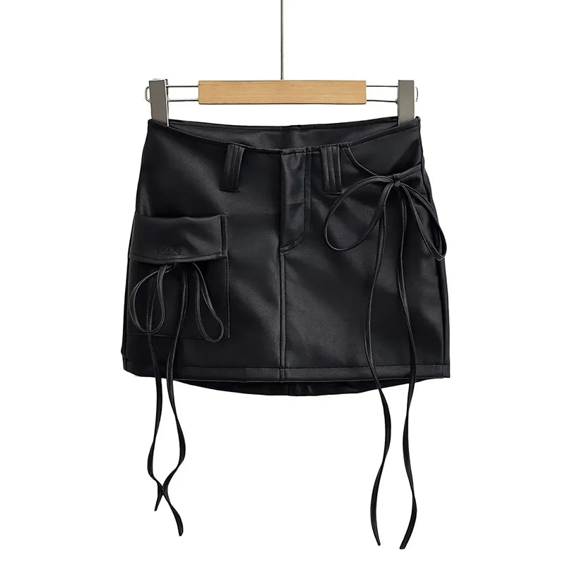 Qnqo saias para mulheres y2k moda rendas até couro do plutônio saia preta 2025 novo estilo coreano fino bolso hip envoltório mini saia feminina