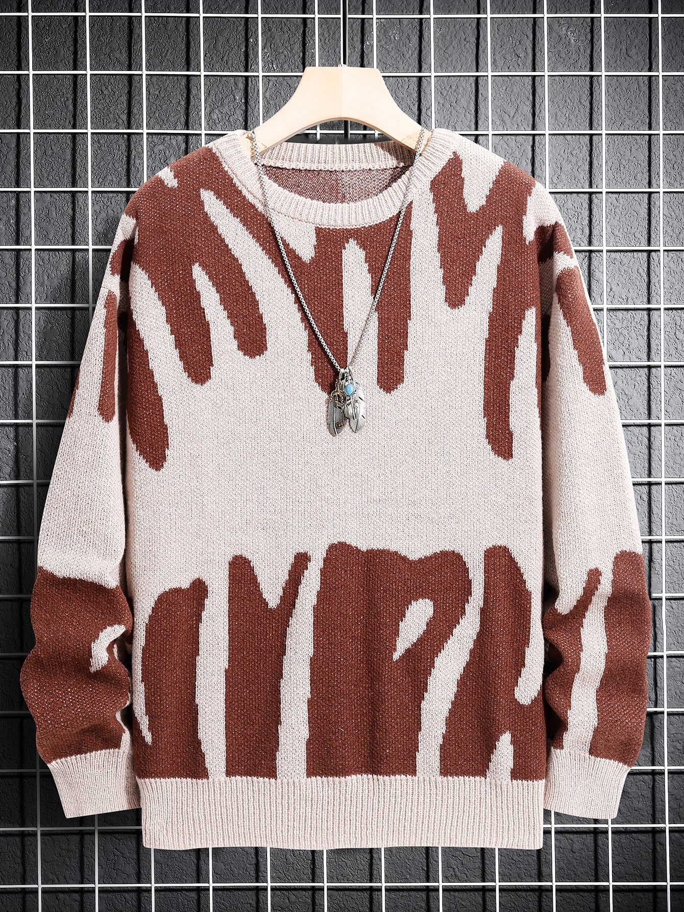 Pulôver de malha com padrão Jacquard irregular masculino, suéter casual com gola redonda, cor de contraste, popular, outono, inverno, novo