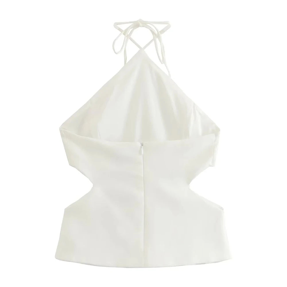 TRZA – Regatas femininas com gola halter e costas nuas, camis femininas, amarradas, vazadas, sexy, fashion