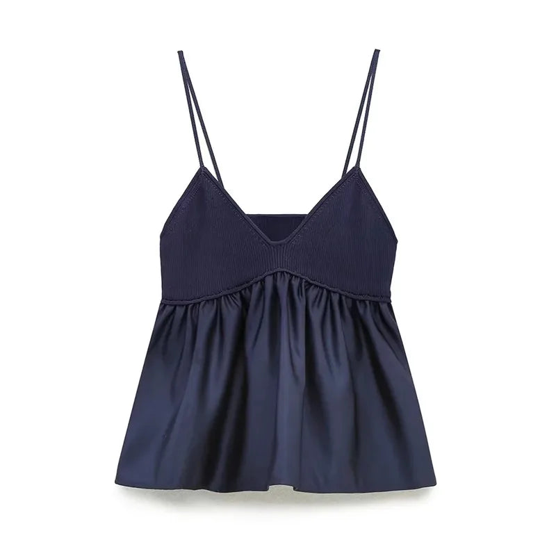 Traf azul de malha superior feminino sem mangas colheita topos feminino 2024 verão sem costas espartilho topo mulher retalhos plissado praia regata