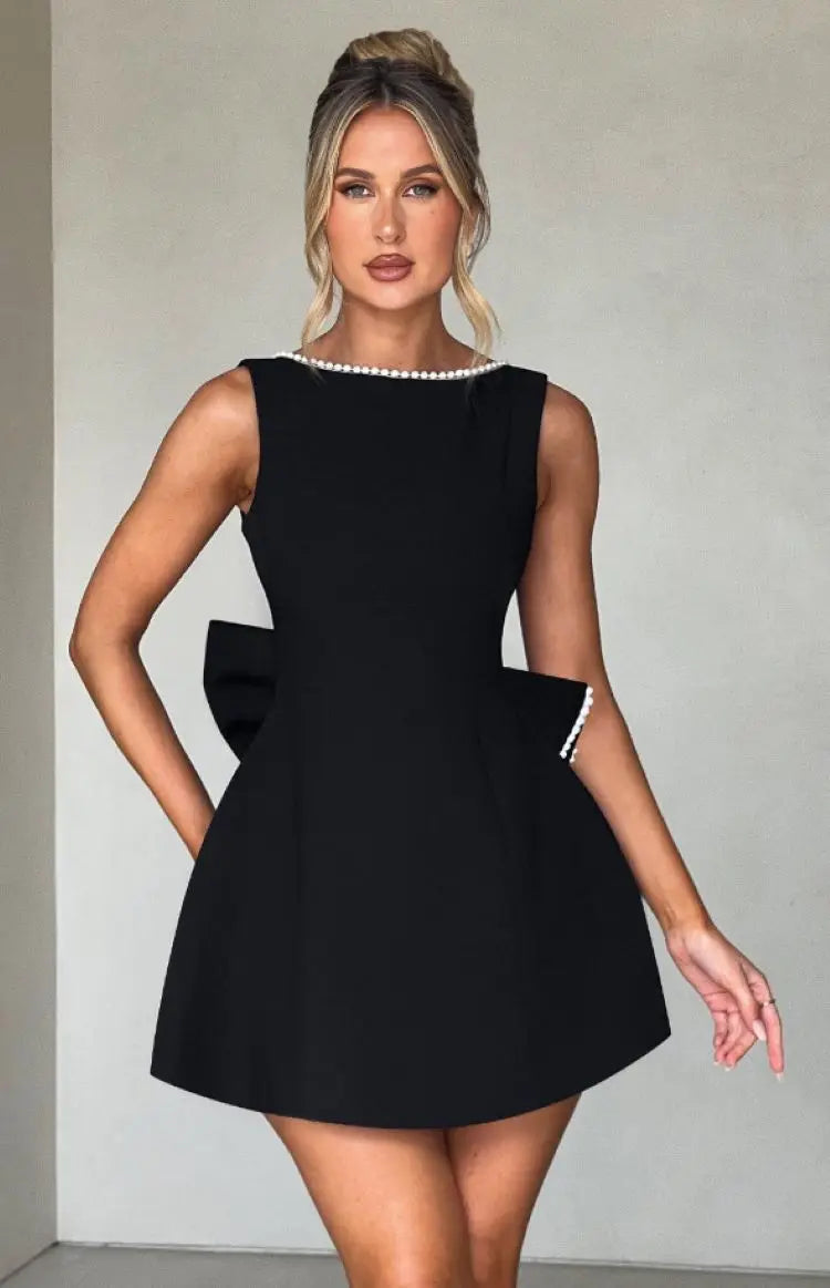 Elegante pérola arco sem costas vestido curto feminino o pescoço mini vestidos de noite preto branco rosa chique verão novo casamento convidado 2025