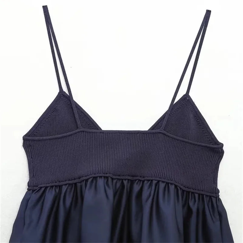 Traf azul de malha superior feminino sem mangas colheita topos feminino 2024 verão sem costas espartilho topo mulher retalhos plissado praia regata