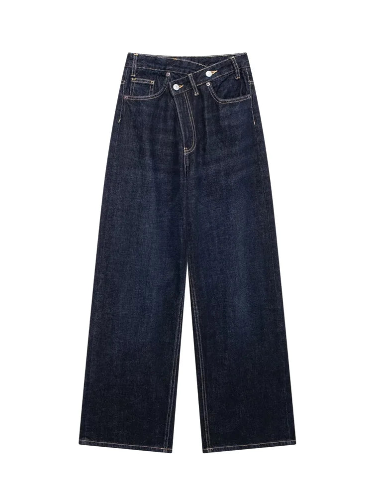 TRAF Calças de ganga básicas para mulher New Fashion Asymmetric Design High Waist Wide Leg Trousers Calças de ganga casuais de perna direita para mulher