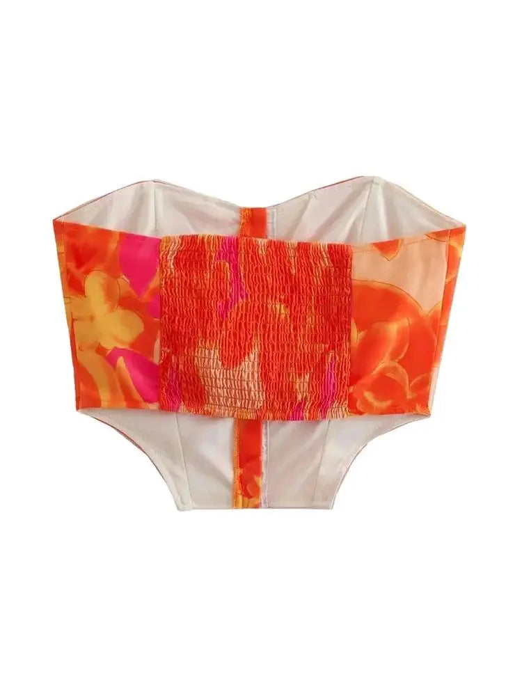 Trza moda feminina frente ganchos de metal impresso bustier topos e cintura alta com arco amarrado mini saia feminina conjuntos de duas peças mujer